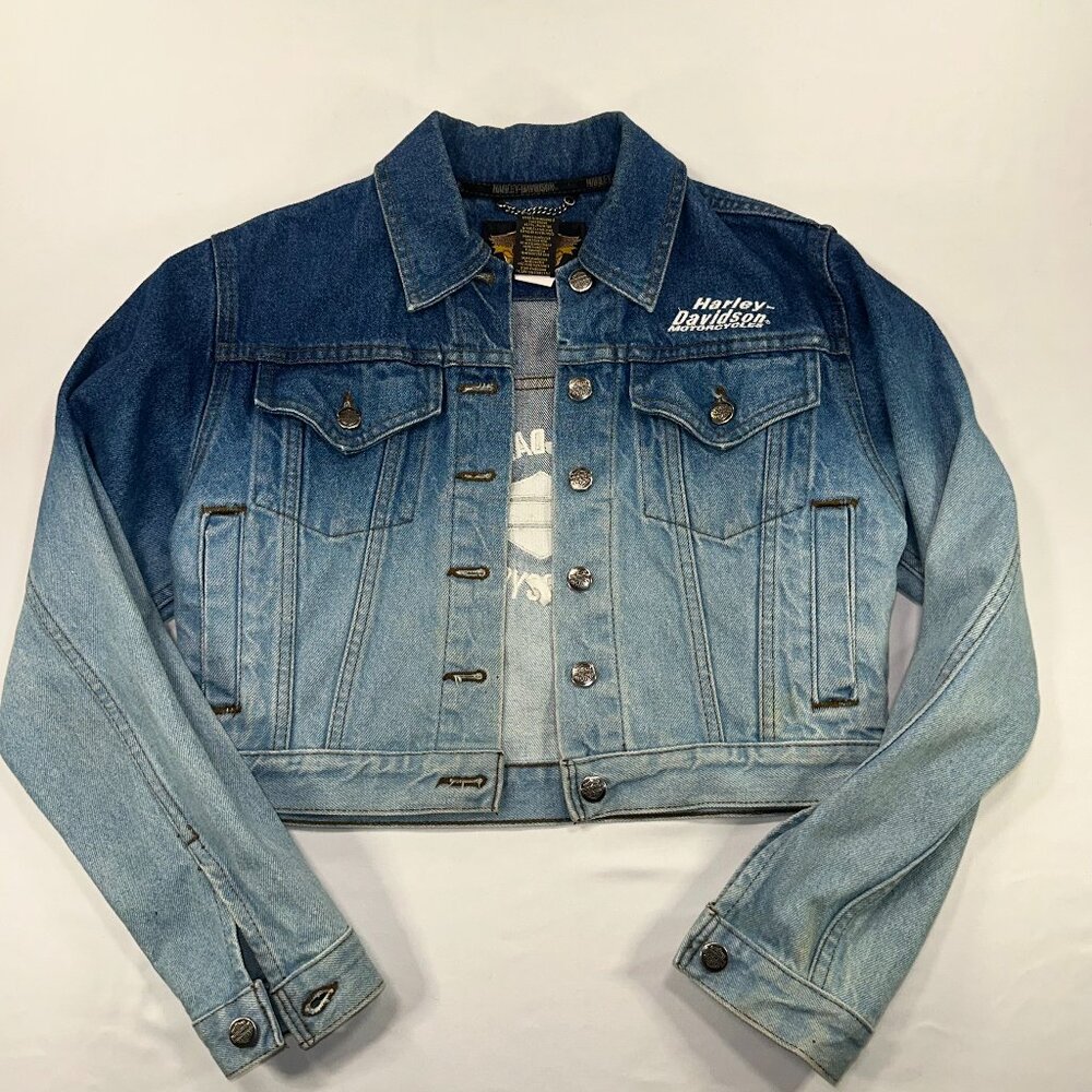 Harley Davidson Denim Cropped Ombré Jean Jacket XS Vintage Biker Motorcycle - Picture 4 of 14
